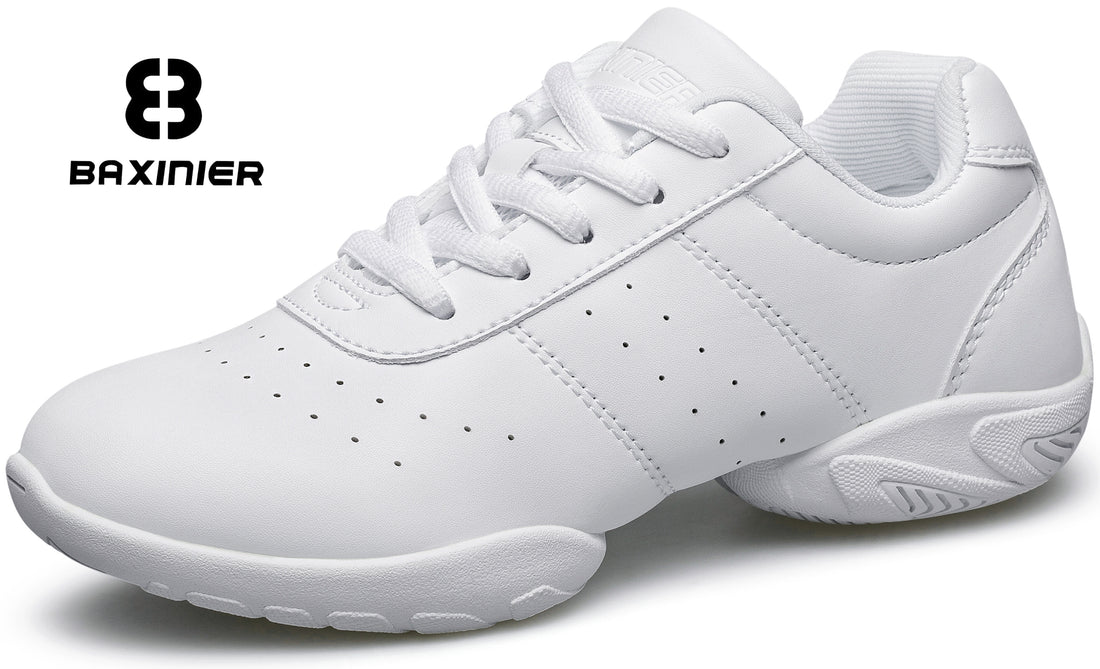 BAXINIER break-bottom white cheer shoes for girls. 