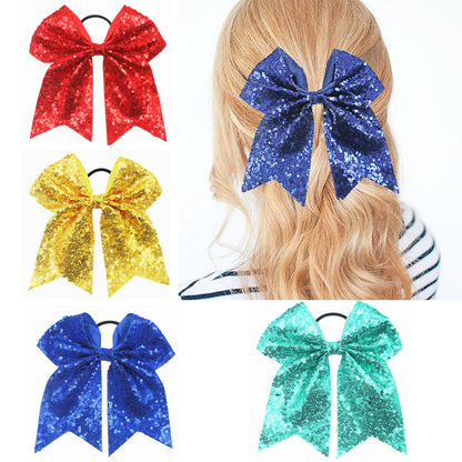 BAXINIER 12PCS 7" Large Glitter Cheer Hair Bows Ponytail Holder Elastic Band Handmade for Cheerleading Teen Girls College Sports (Sequin Mixed-color 12PCS)